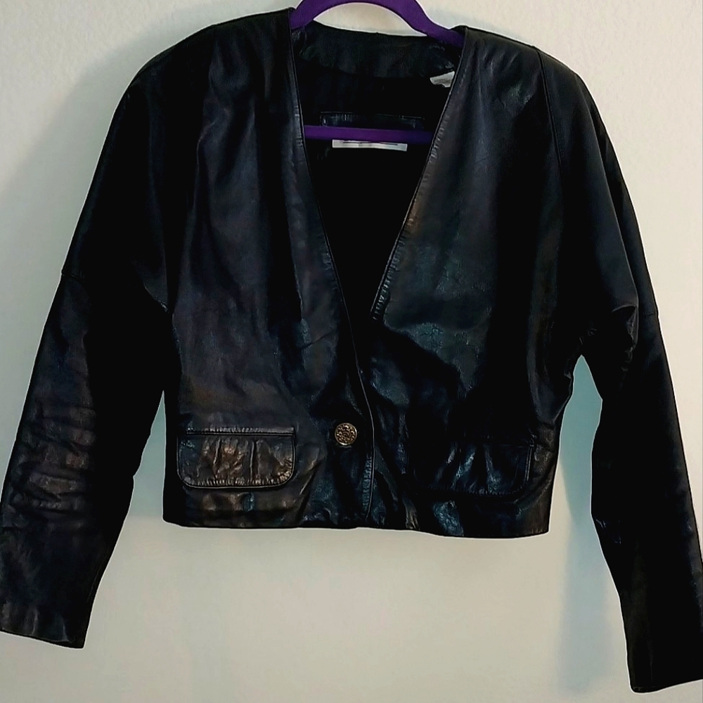 Evan Davies Black Leather Cropped Jacket, Dolman Sleeves,  Rare Designer Quality